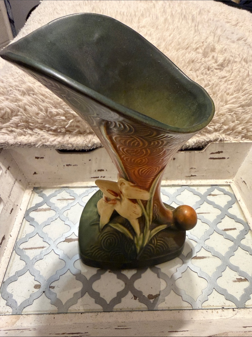 Green and Yellow Flared Art Glass Vase Roseville USA